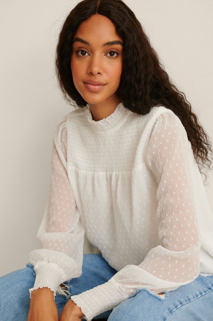 Skjorter & Bluser NA-KD Boho  | Resirkulert Dobbybluse Med Smock Og Rysjekrage